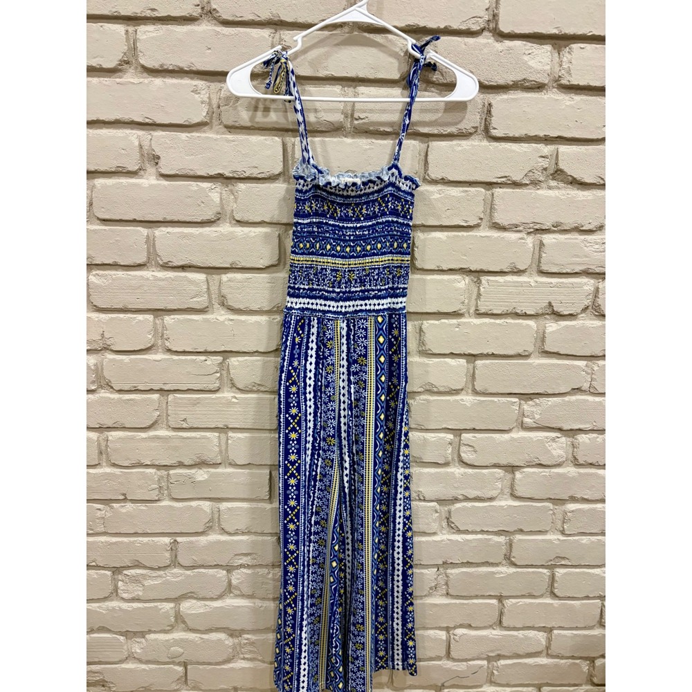 One Step Up Girls Blue White Floral Smocked Wide Leg Jumpsuit Size 10-12